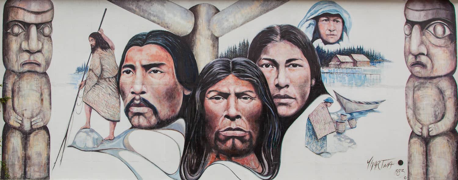 Mural depicting Indigenous cultural elements.