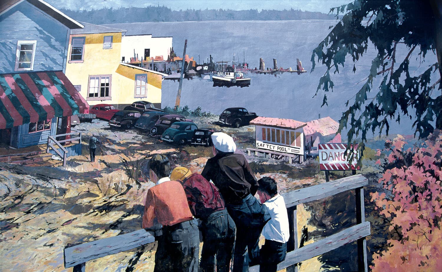 Children observing boats by waterfront