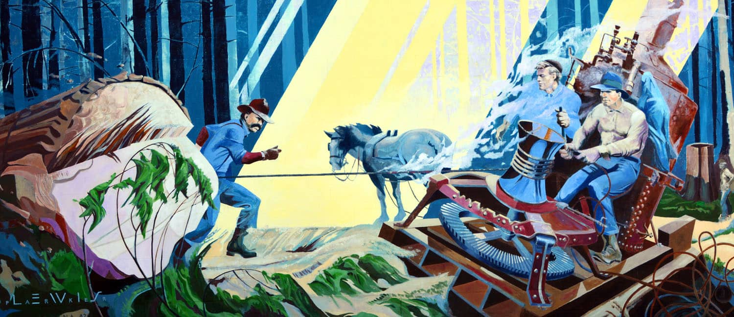 Steam donkey operating in forest scene.