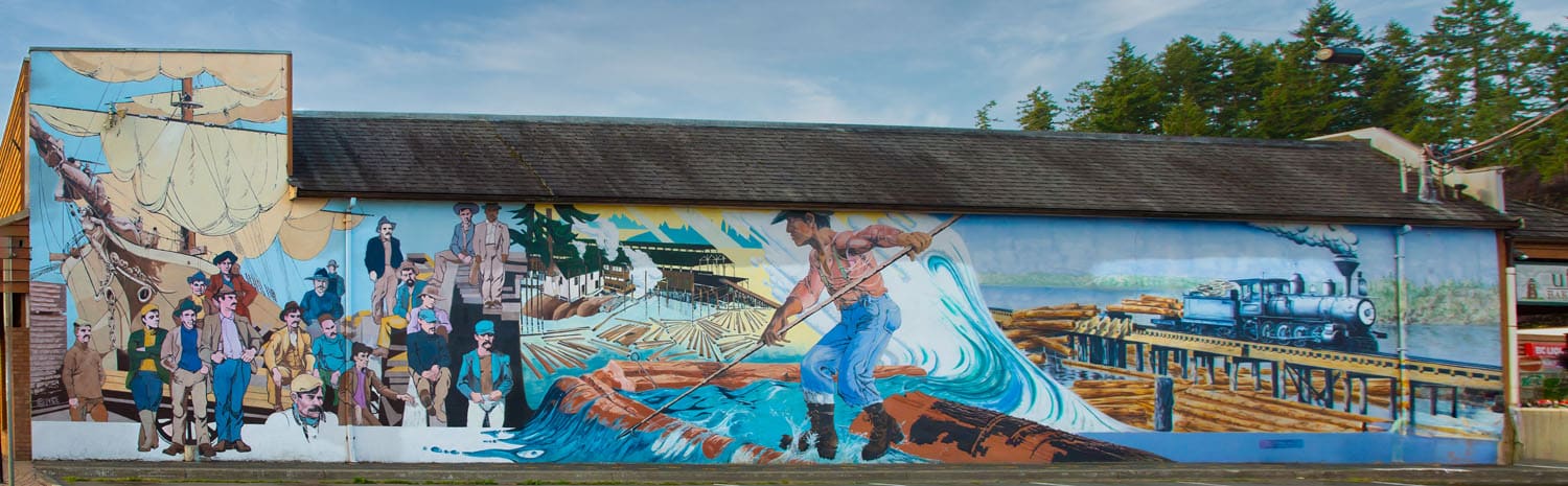 Colorful mural depicting historical scenes.