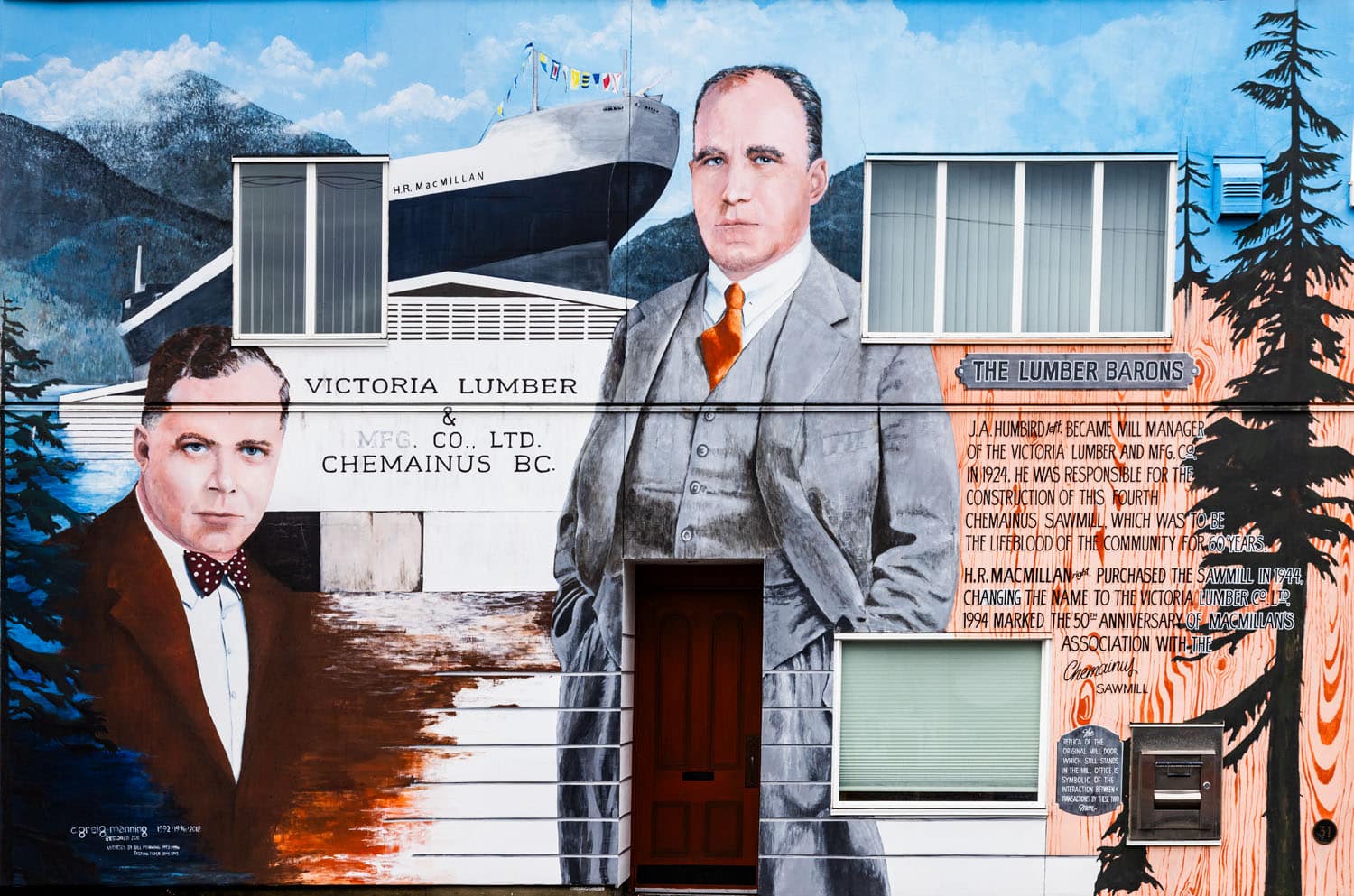 Mural depicting lumber industry figures.