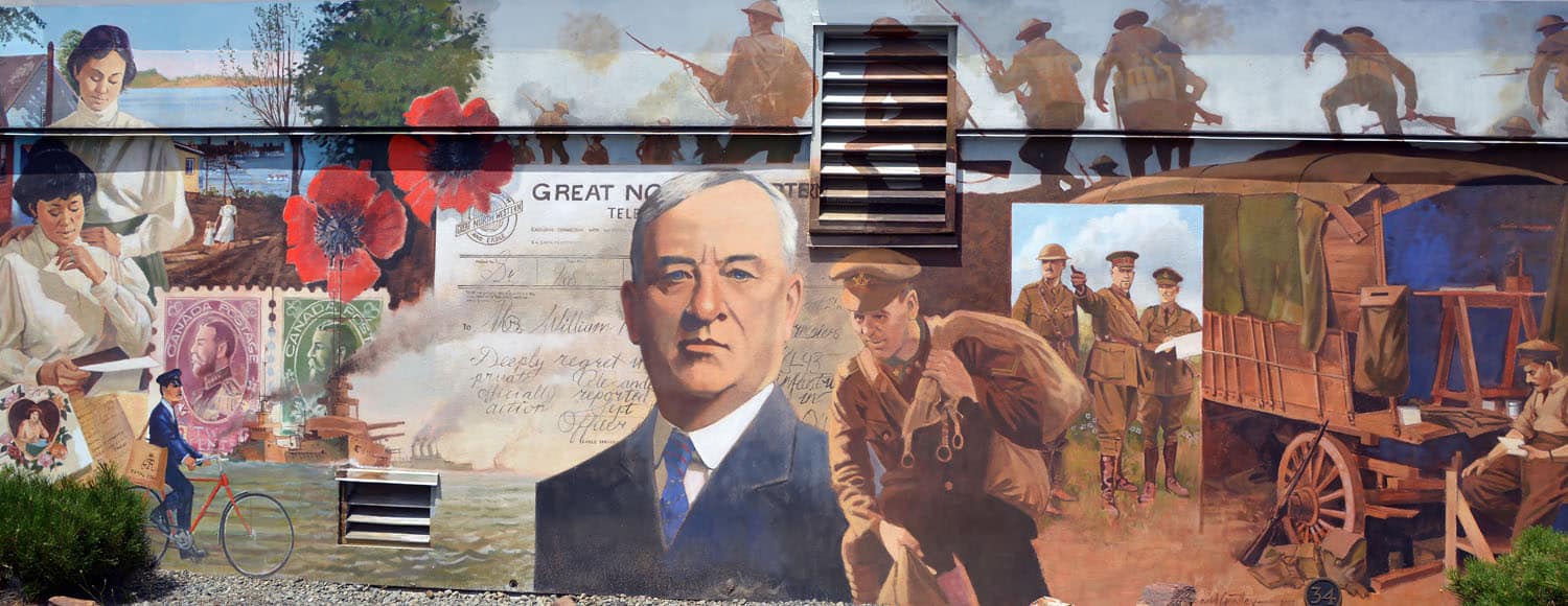 Historical mural depicting wartime scenes.