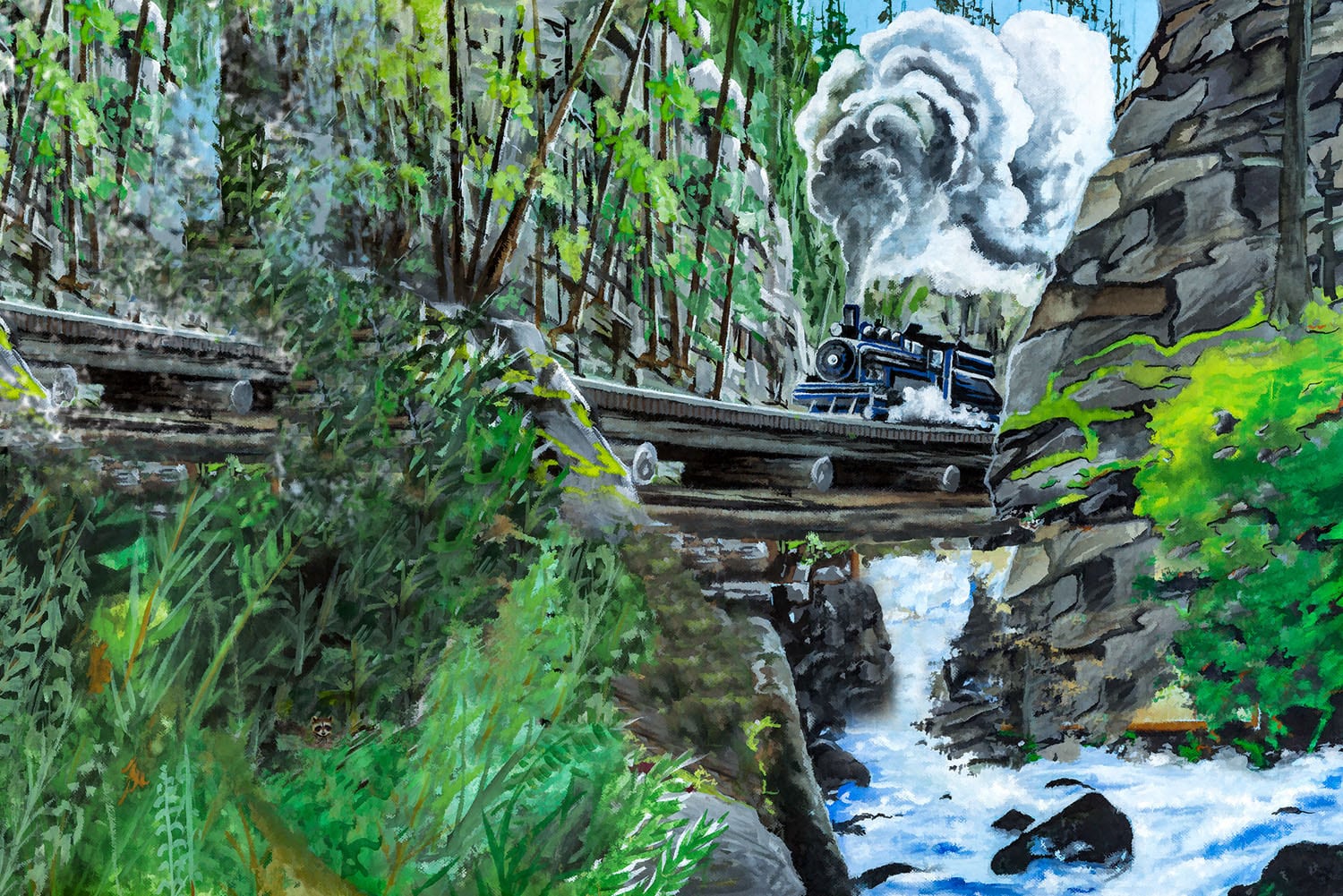 Steam train crossing a scenic bridge