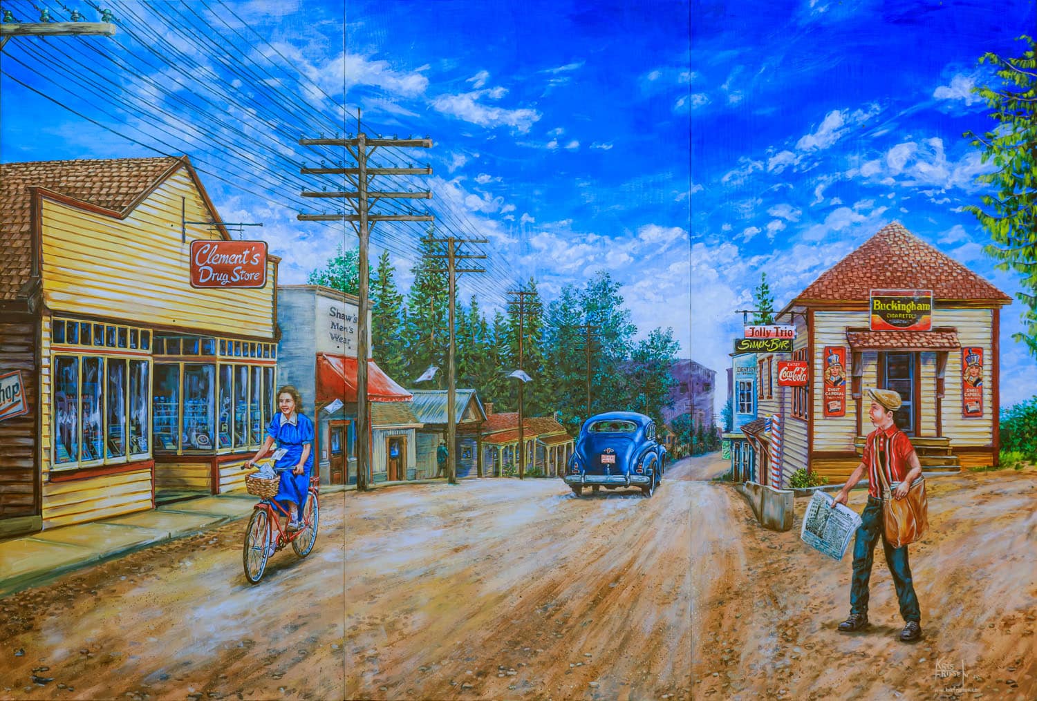 Historic street scene with vintage cars.