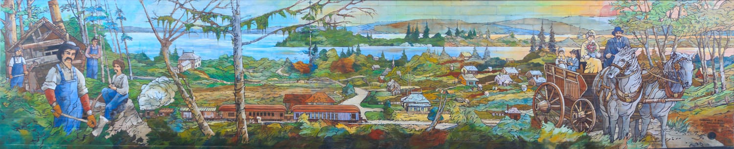 Historical landscape with people and horses.