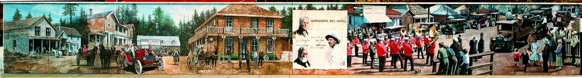 Historic mural depicting community scenes.