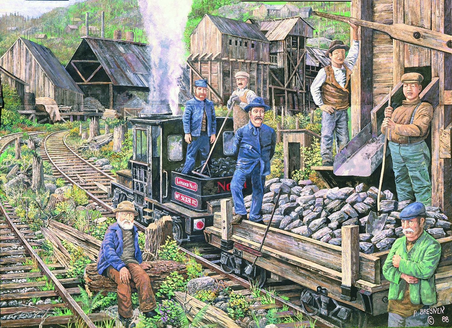 Coal mining scene with workers and train.