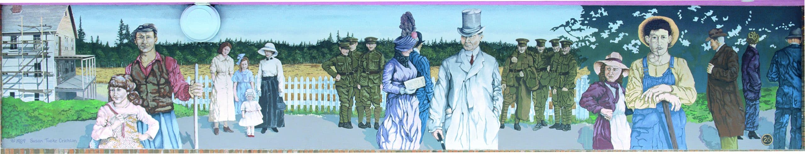 Historical scene with soldiers and civilians.