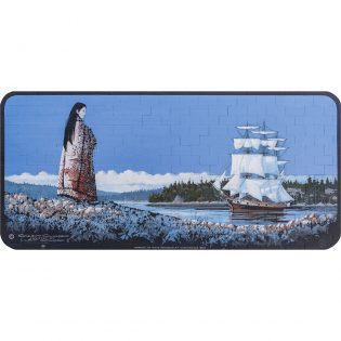 Woman gazing at sailing ship.