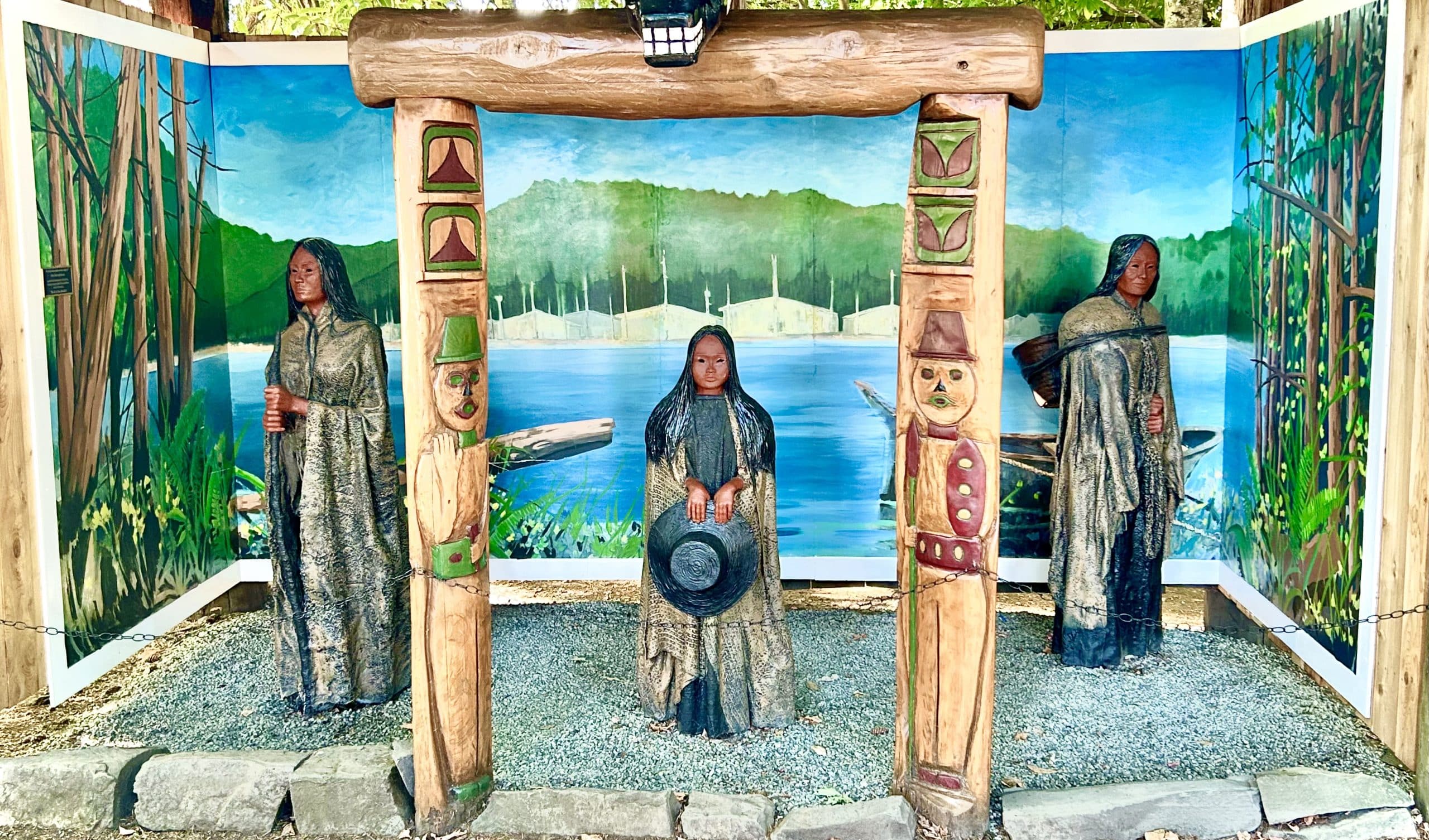 Three figures near a scenic backdrop.