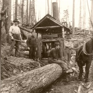 Chemainus murals history: logging scene with workers