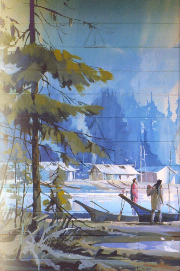 Winter landscape with fishermen and cabins